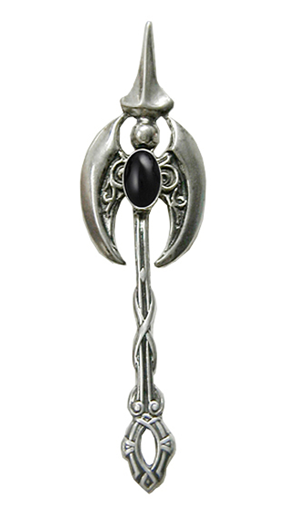 Sterling Silver Detailed Warriors Battle Axe Labrys Pendant With Black Onyx